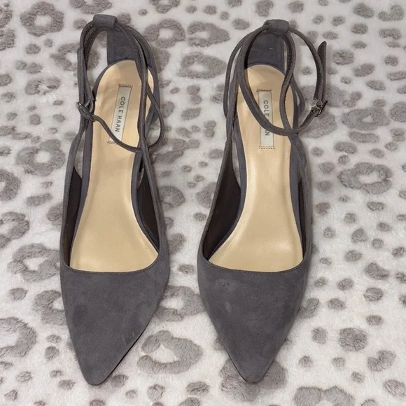 Cole Haan Dove Gray Suede Ankle Strap Heels - Picture 4 of 11